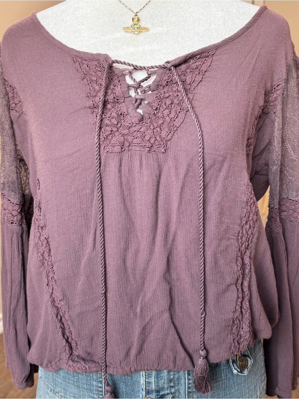 American Eagle Lace-Trim Peasant Boho Dusty Mauve Women’s Small Long Sleeve